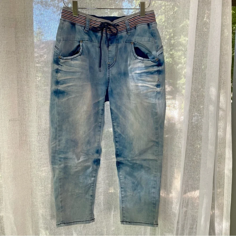 TwenySix Drawstring & Elastic Waist Jeans Embroidered Soft Kitty Large Size 10